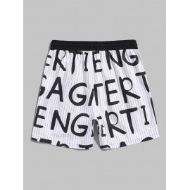 Vertical Striped Letter All Over Print Drawstring Cotton Shorts