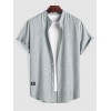 Stand Collar Applique Decor Short Sleeves Heathered Basic Shirt